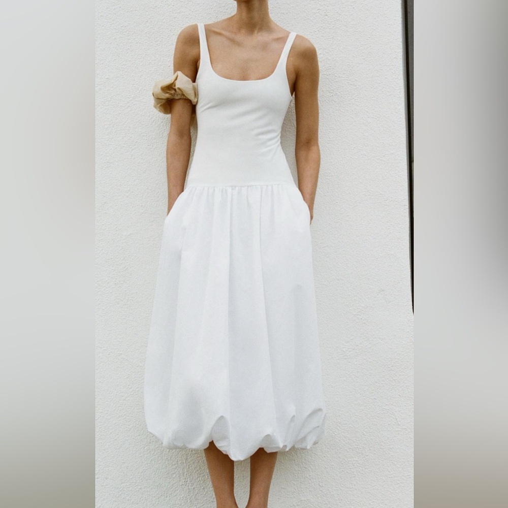 White Zara Balloon Midi Dress
